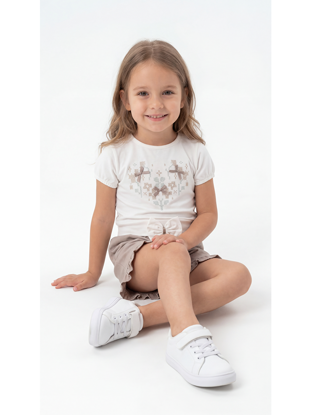 Bej Nakış Fiyonklu Penye Kız Çocuk Tişört-Şort Takım-3