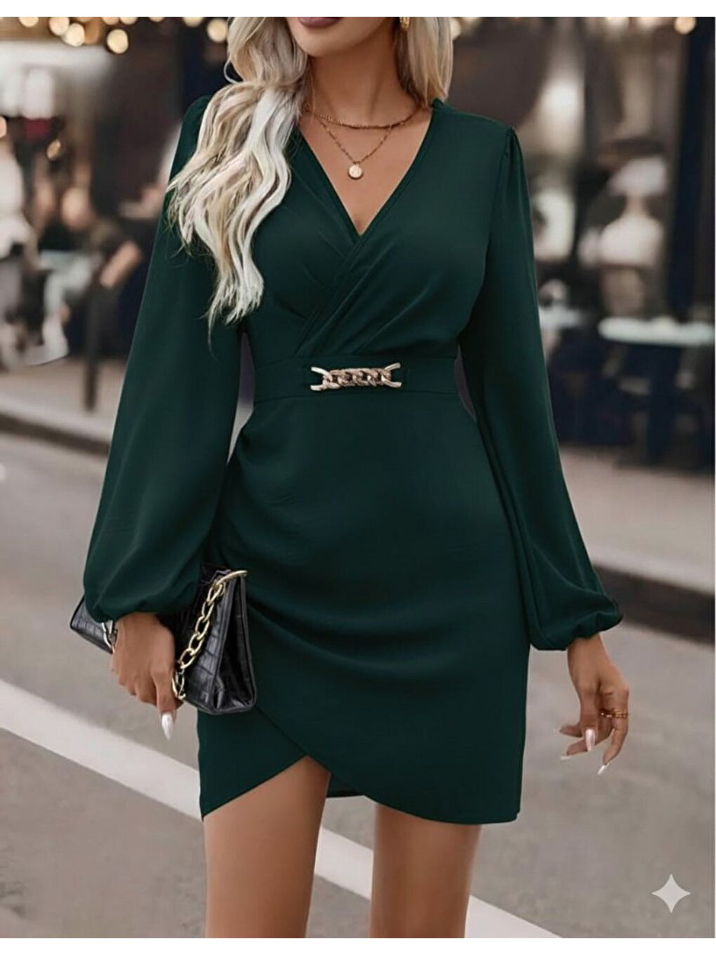 Yeşil Kadın Uzun Kollu Kruvaze Yaka Yandan Büzgülü Asimetrik Detaylı Ithal Krep Mini Elbise