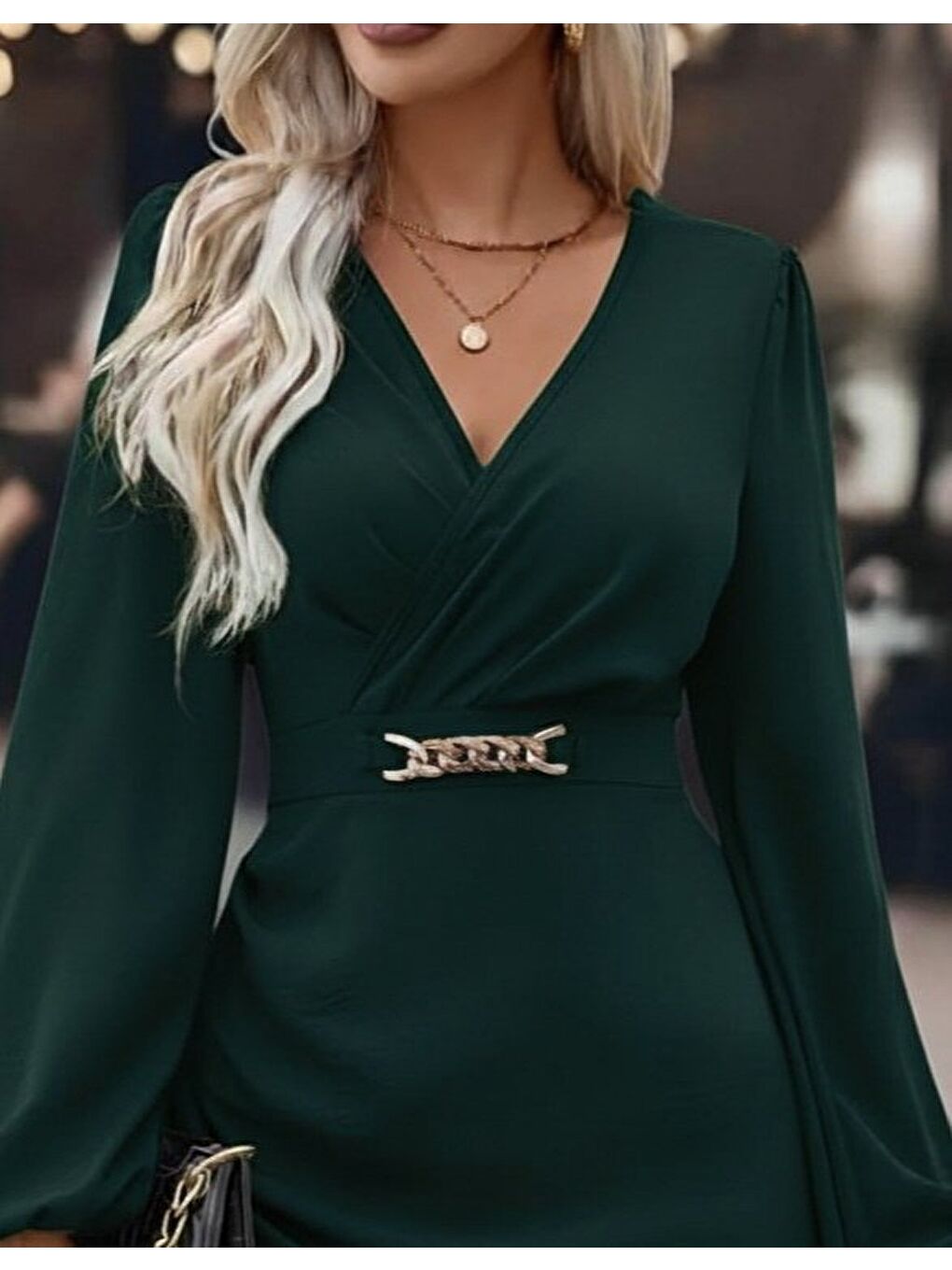 Yeşil Kadın Uzun Kollu Kruvaze Yaka Yandan Büzgülü Asimetrik Detaylı Ithal Krep Mini Elbise-1