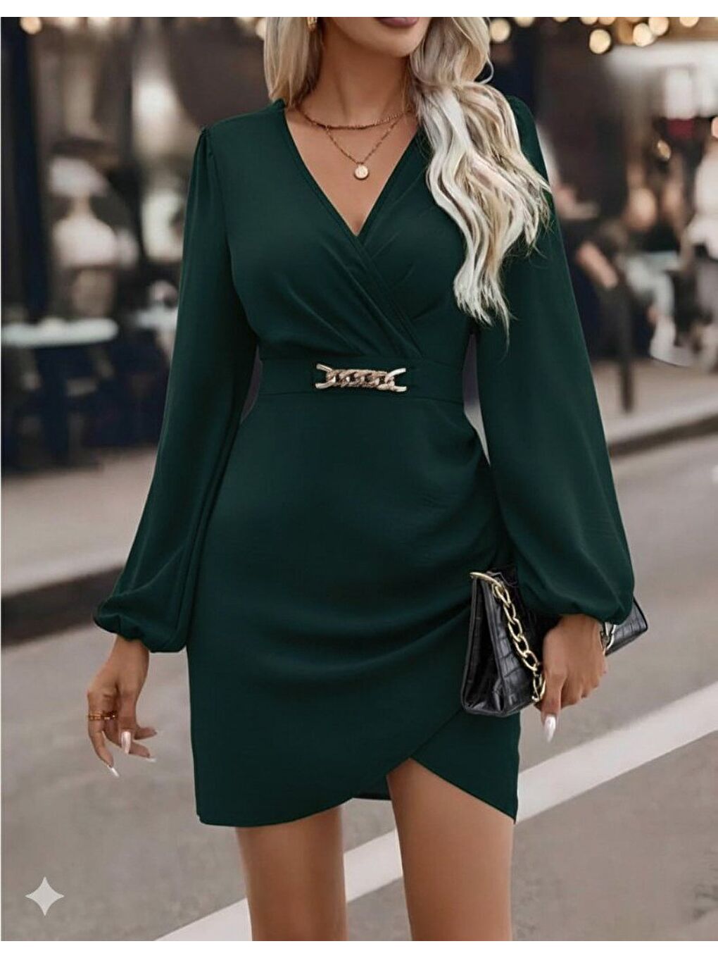 Yeşil Kadın Uzun Kollu Kruvaze Yaka Yandan Büzgülü Asimetrik Detaylı Ithal Krep Mini Elbise-2