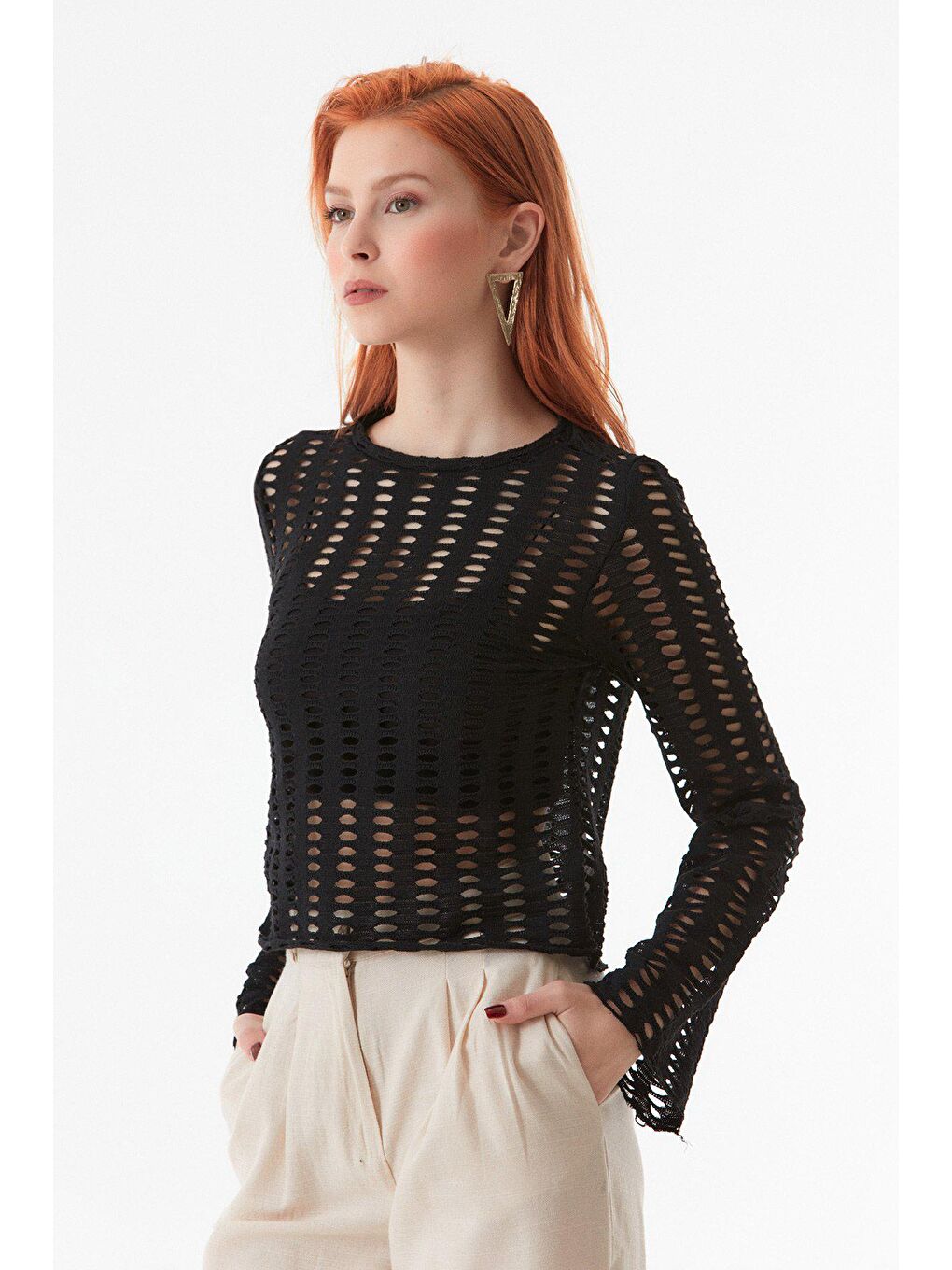 Siyah Ajurlu Bisiklet Yaka Bluz-4