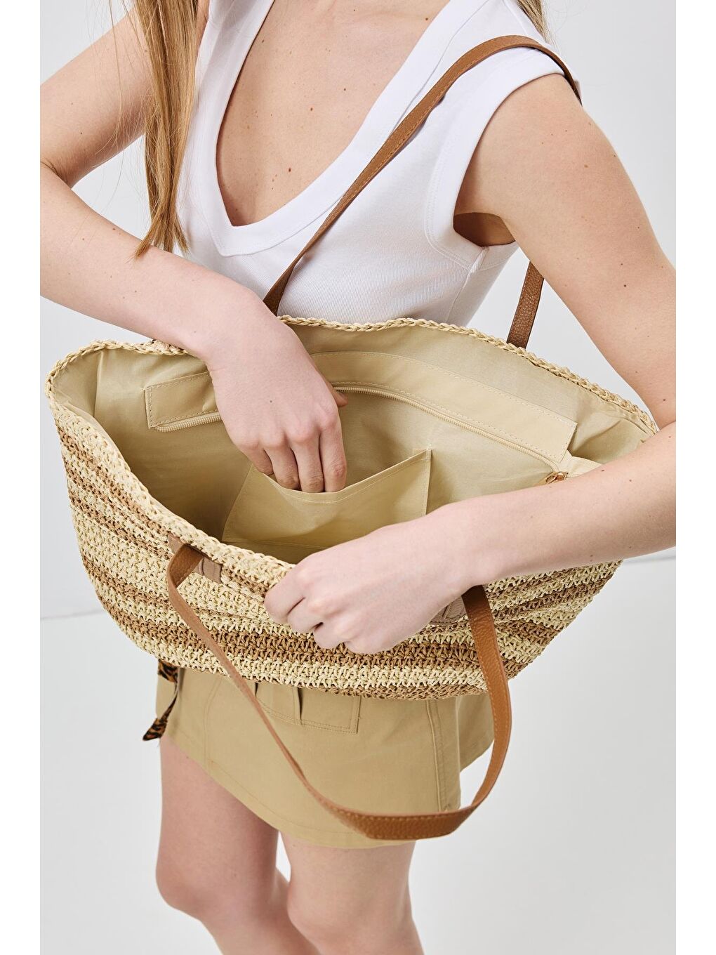 Hasır Omuz Çantası Y9208 Bej-2