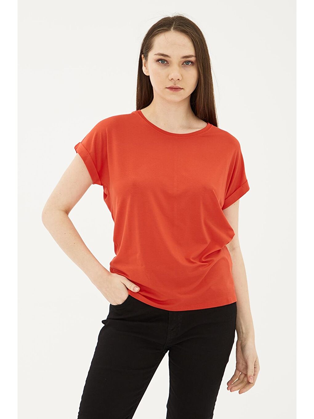 Kırmızı Streç Regular Fit Yuvarlak Yaka Bluz 25Y0194K1