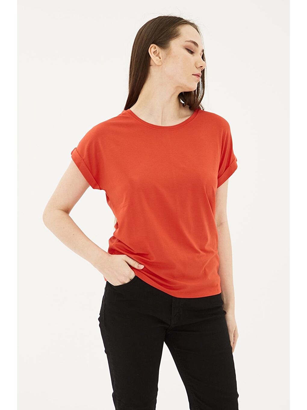 Kırmızı Streç Regular Fit Yuvarlak Yaka Bluz 25Y0194K1-2