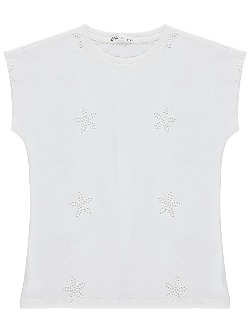 Girls Yıldız Desenli 6-9 Yaş Tişört - Kırık Beyaz