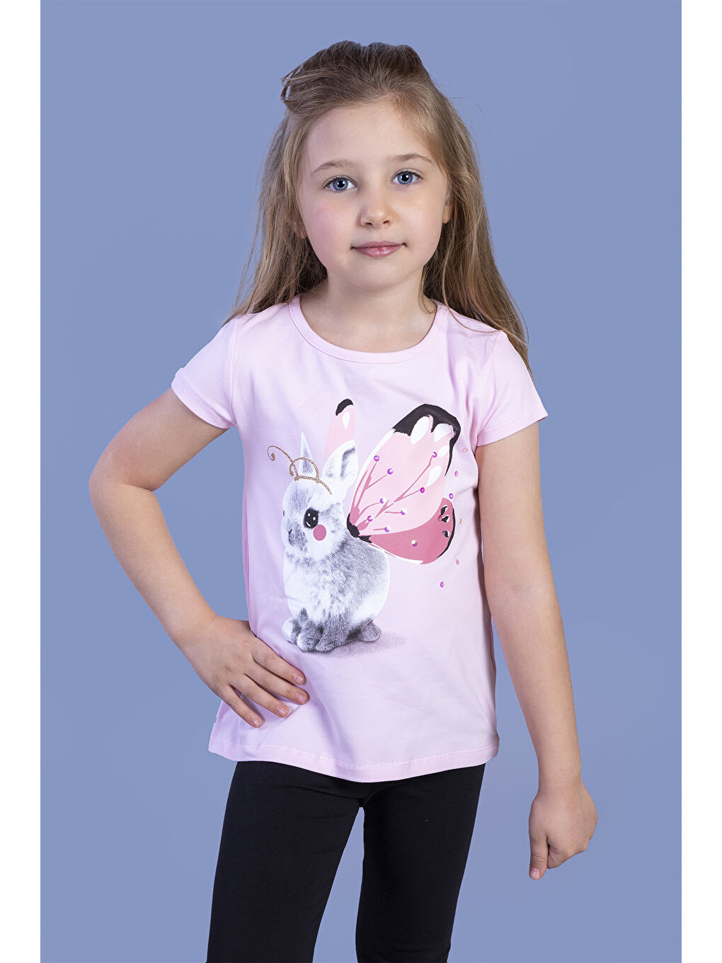 Pembe Kız Çocuk Tavşan Baskılı Pul İşlemeli Tişört