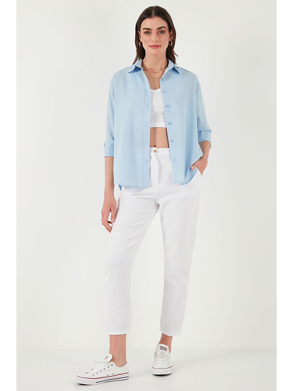 Mavi Keten Ve Pamuk Karışımlı Regular Fit Önü Kısa Arkası Uzun Kadın Gömlek 6772853-2