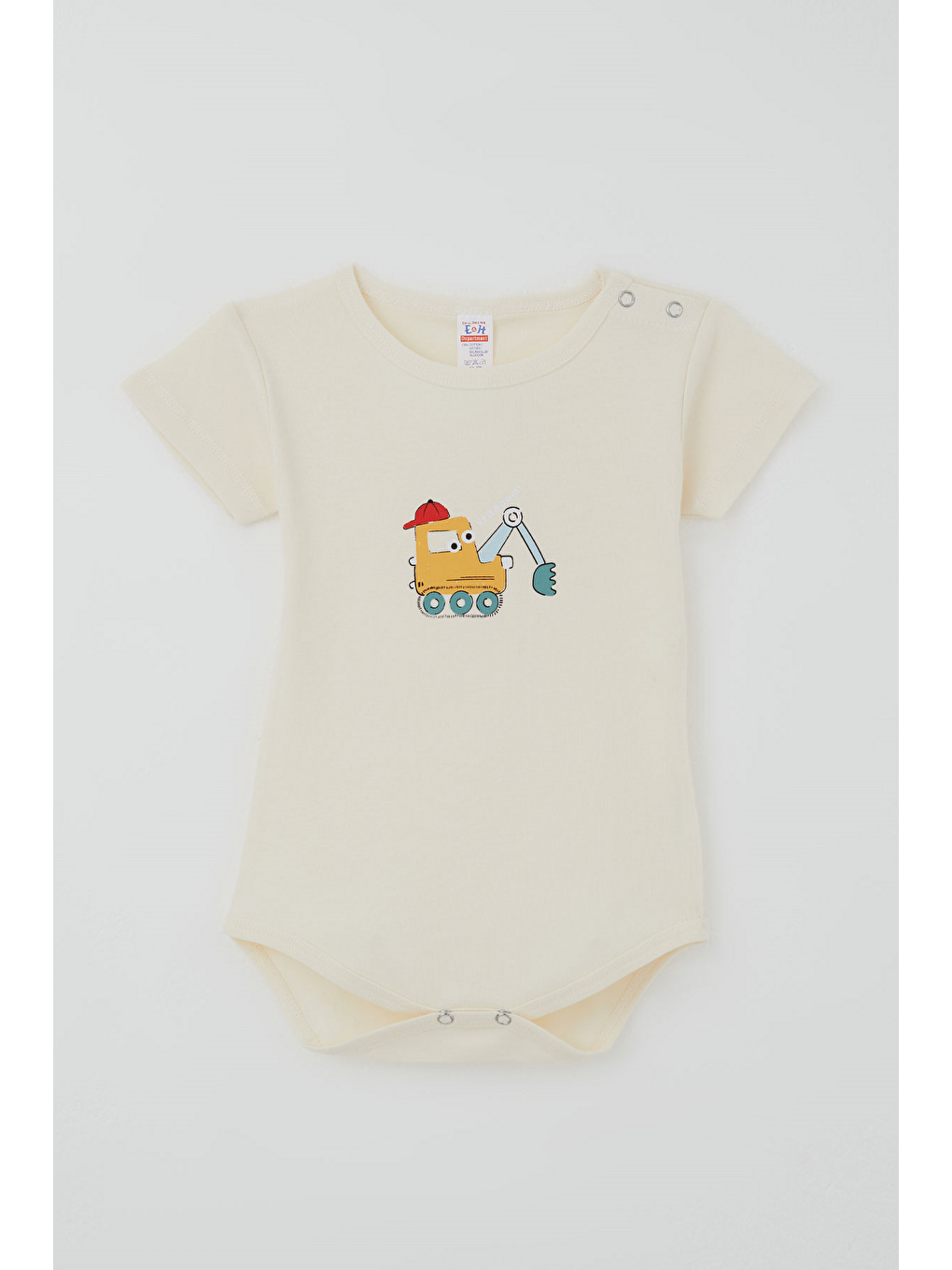Ekru Erkek Çocuk Çıtçıtlı Kısa Kollu Zıbın Body Şapkalı Sevimli İş Makinesi Baskılı Krem (1-3 Yaş)