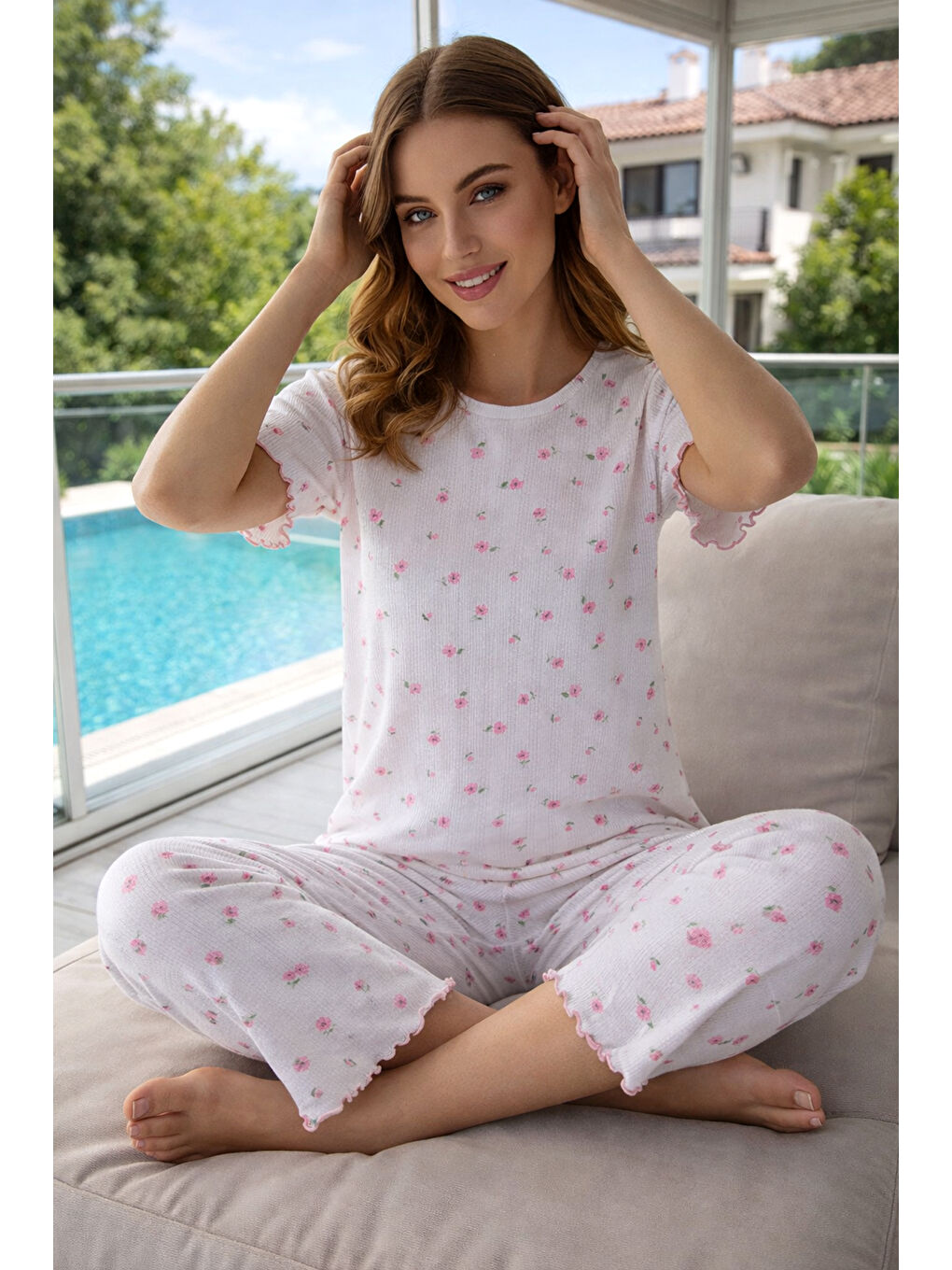 Kadın Desenli Pamuklu Kısa Kol Pointelle Kumaş Pijama Takımı 70753-3150 Beyaz03-1