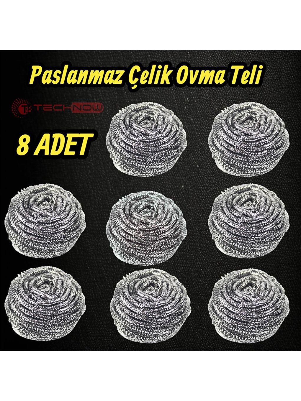 Gri %100 Paslanmaz Çelik Sürtme Bulaşık Ovma Teli 8 Adet