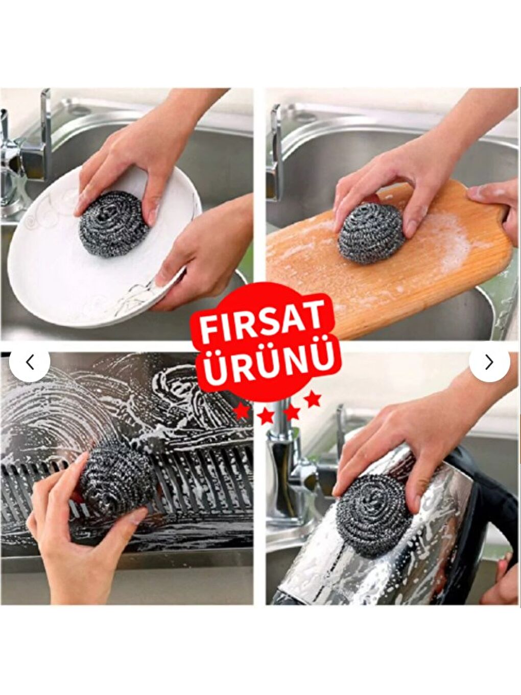 Gri %100 Paslanmaz Çelik Sürtme Bulaşık Ovma Teli 8 Adet-3