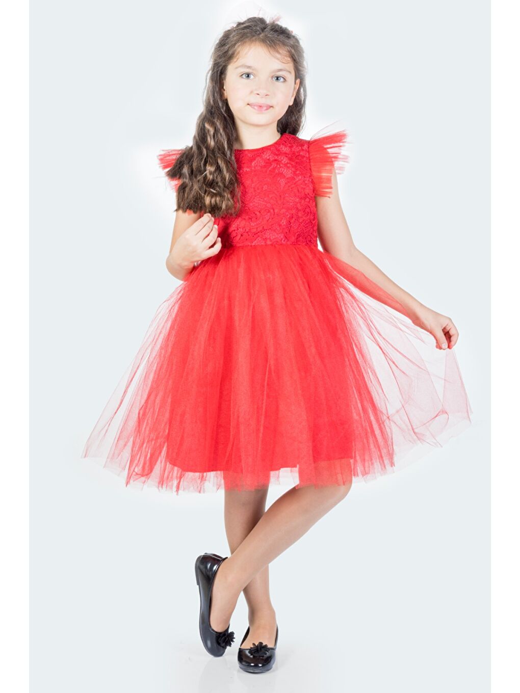 Kırmızı Roza Dantel Tütü Kız Çocuk Abiye Elbise MNK0546