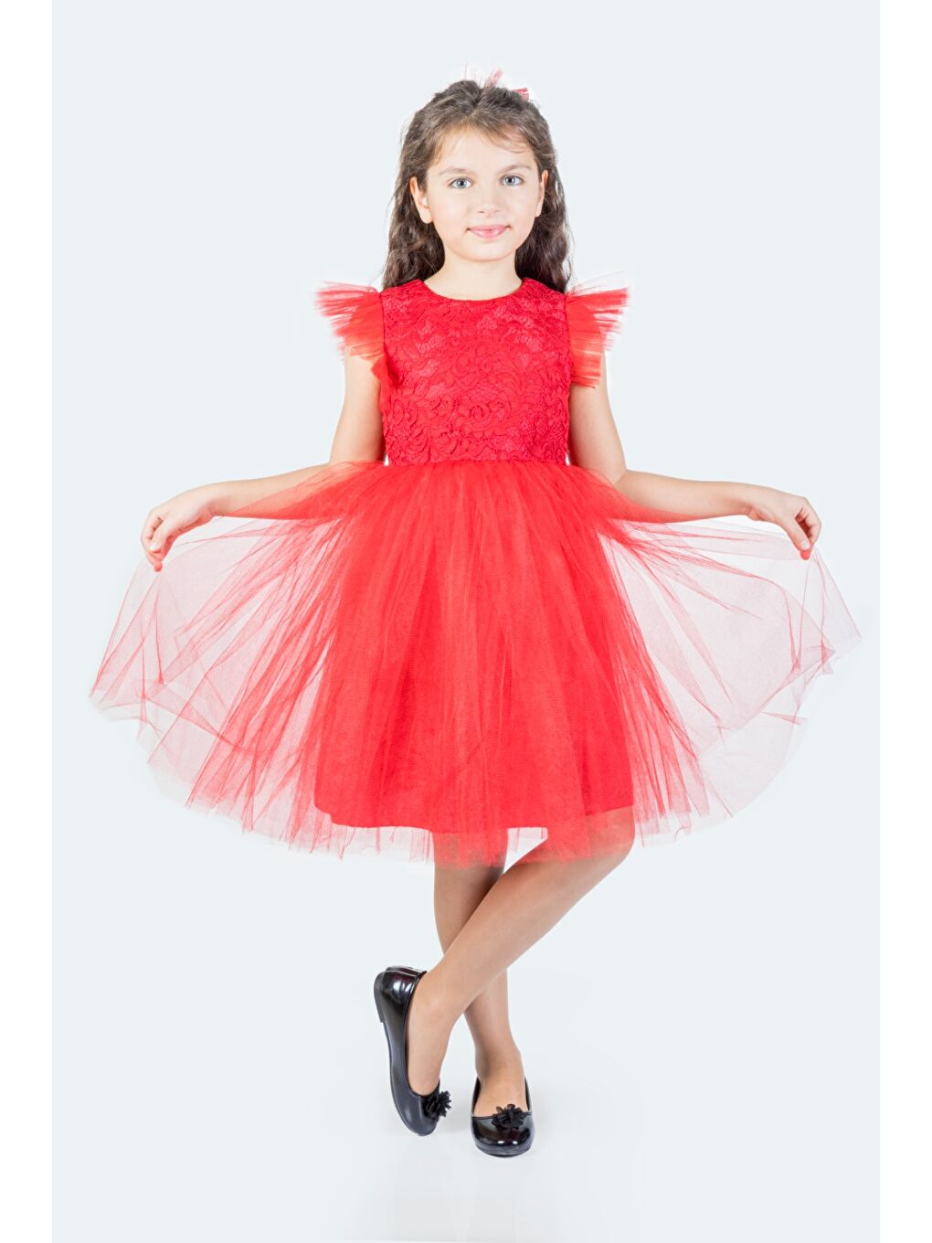 Kırmızı Roza Dantel Tütü Kız Çocuk Abiye Elbise MNK0546-2