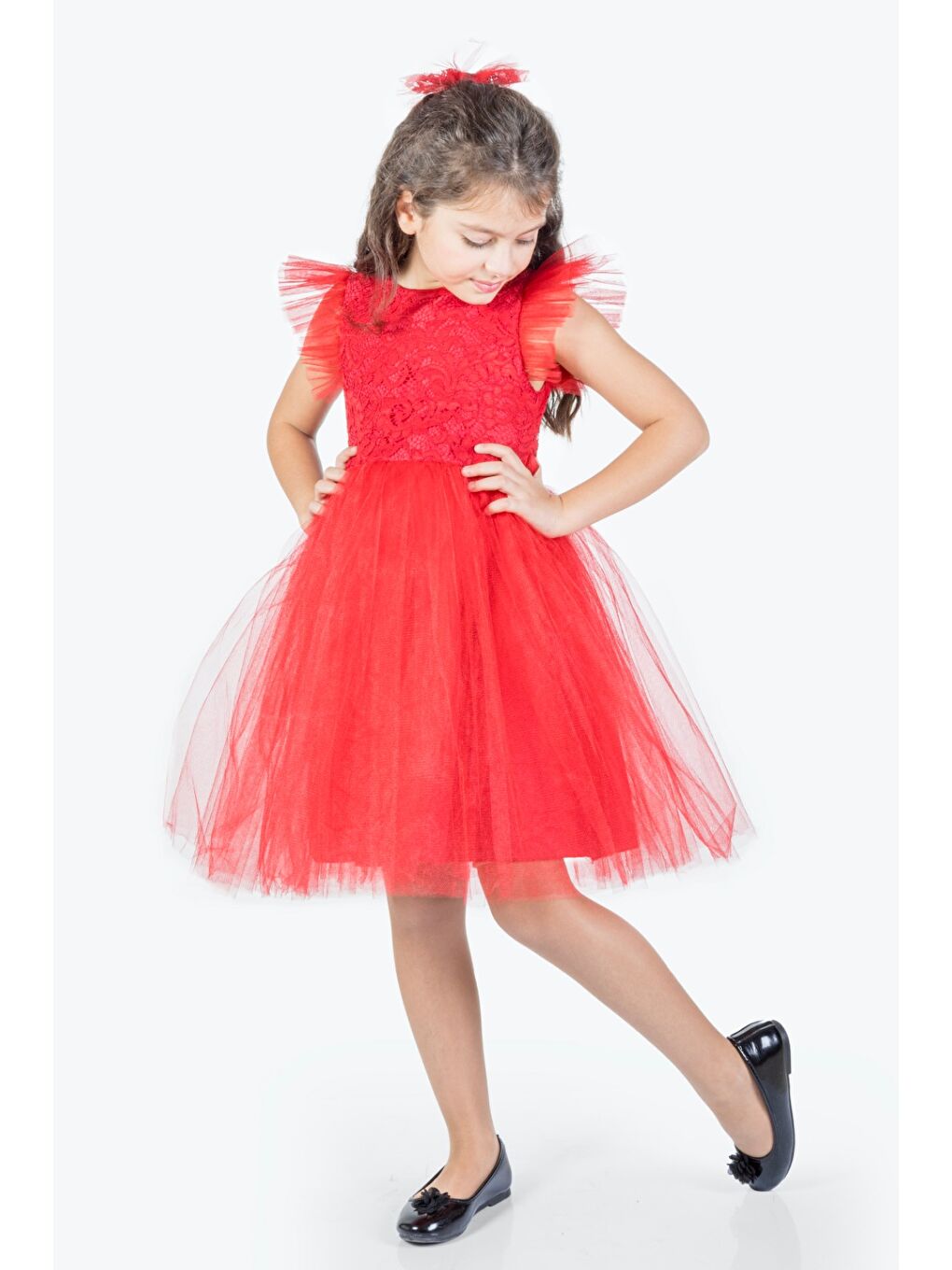 Kırmızı Roza Dantel Tütü Kız Çocuk Abiye Elbise MNK0546-3
