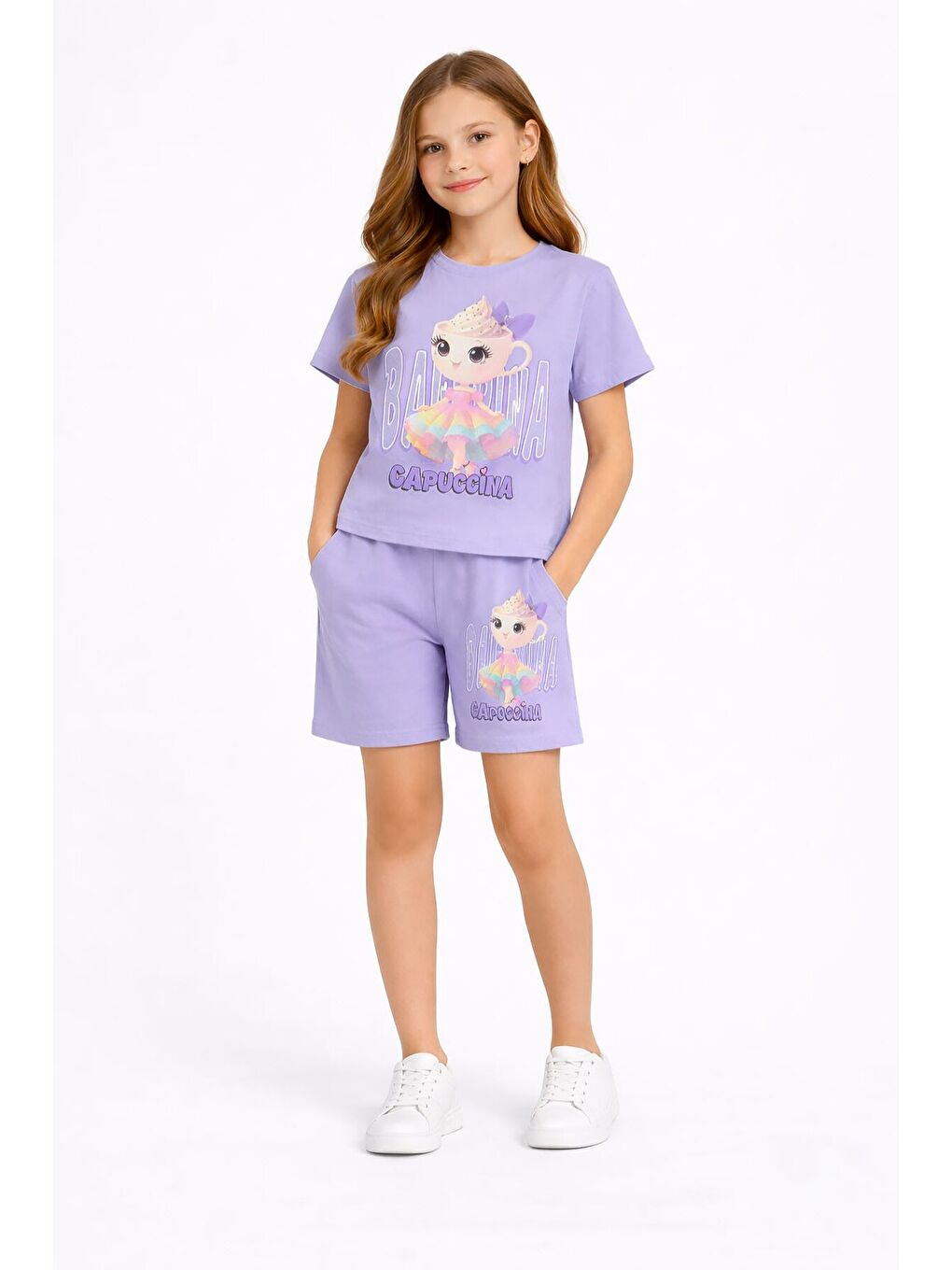 Lila Sevimli Capuccina Baskılı Kız Çocuk Şortlu 2li Takım 23890-1
