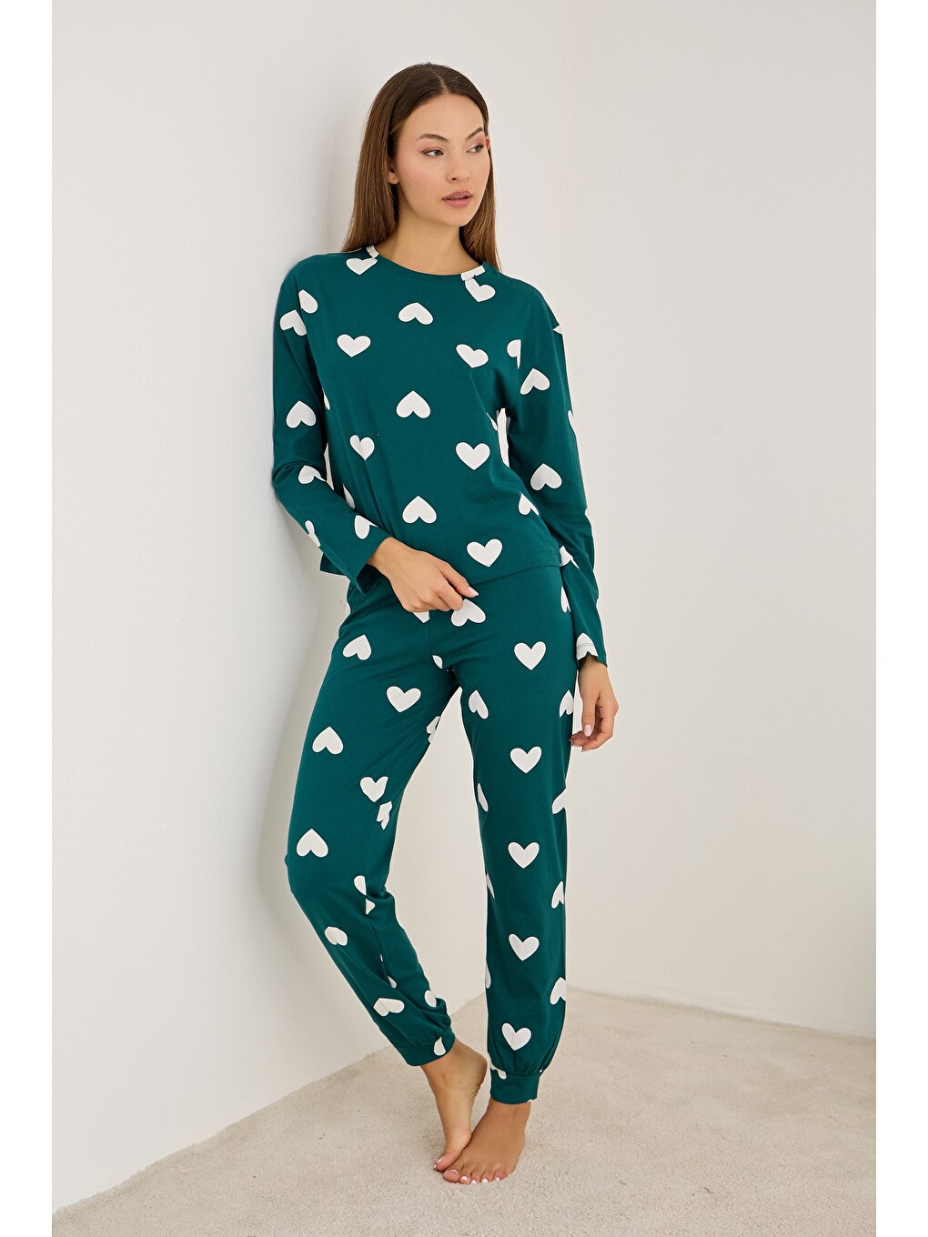 Yeşil Beyaz Kalp Baskılı Örme Pamuklu Pijama Takımı7613-1