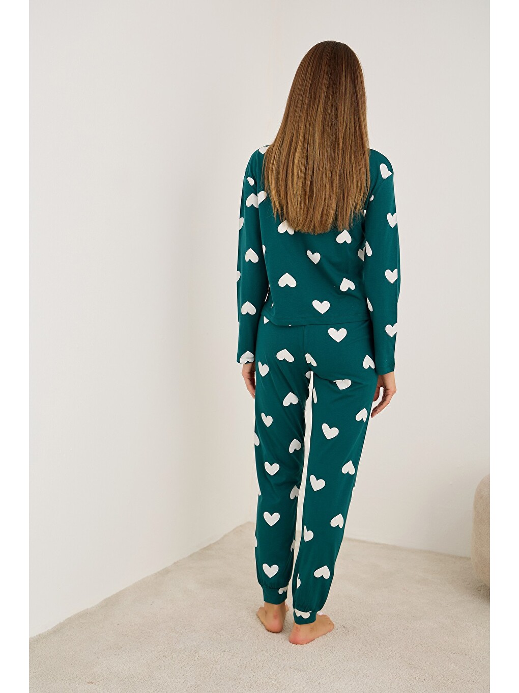 Yeşil Beyaz Kalp Baskılı Örme Pamuklu Pijama Takımı7613-2