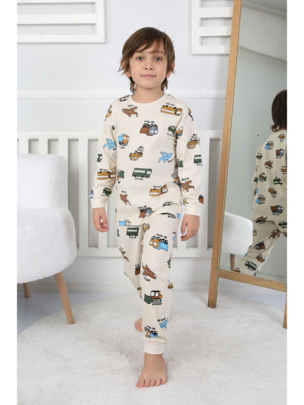 Transportation Veichle Desenli Çocuk Pijama Takımı (Alt-Üst) Bej 3-8 Yaş