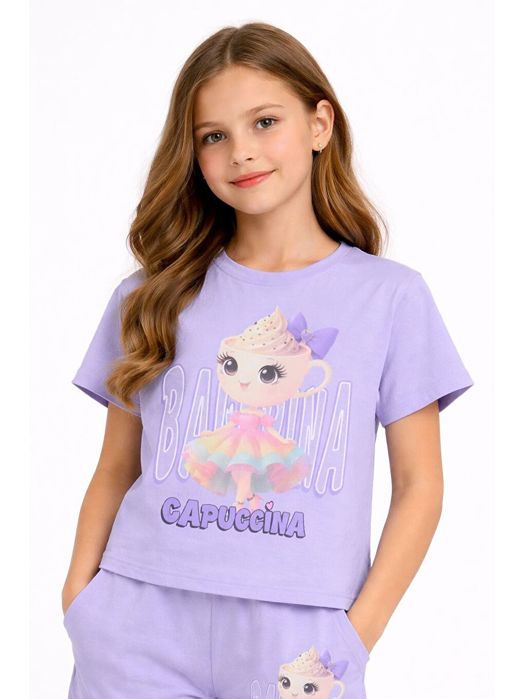 Lila Sevimli Capuccina Baskılı Kız Çocuk Şortlu 2li Takım 23890-2