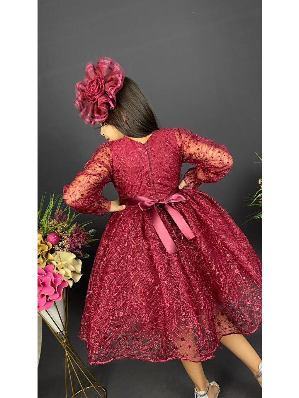 Bordo Pullu Simli Dantel Tokalı Kız Çocuk Abiye MNK0538-2