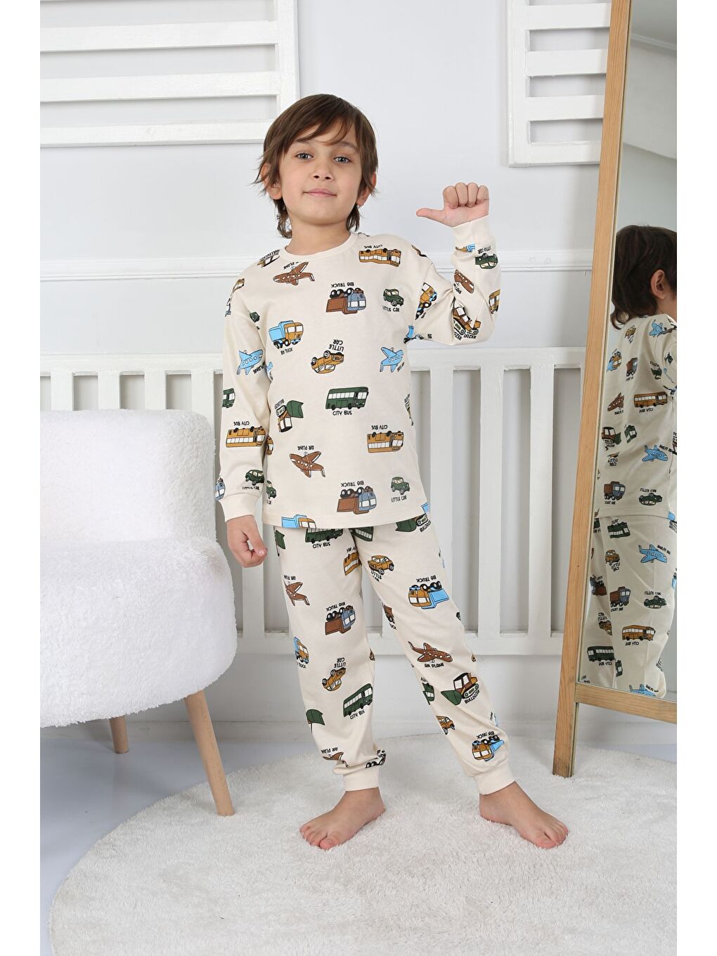 Transportation Veichle Desenli Çocuk Pijama Takımı (Alt-Üst) Bej 3-8 Yaş-2