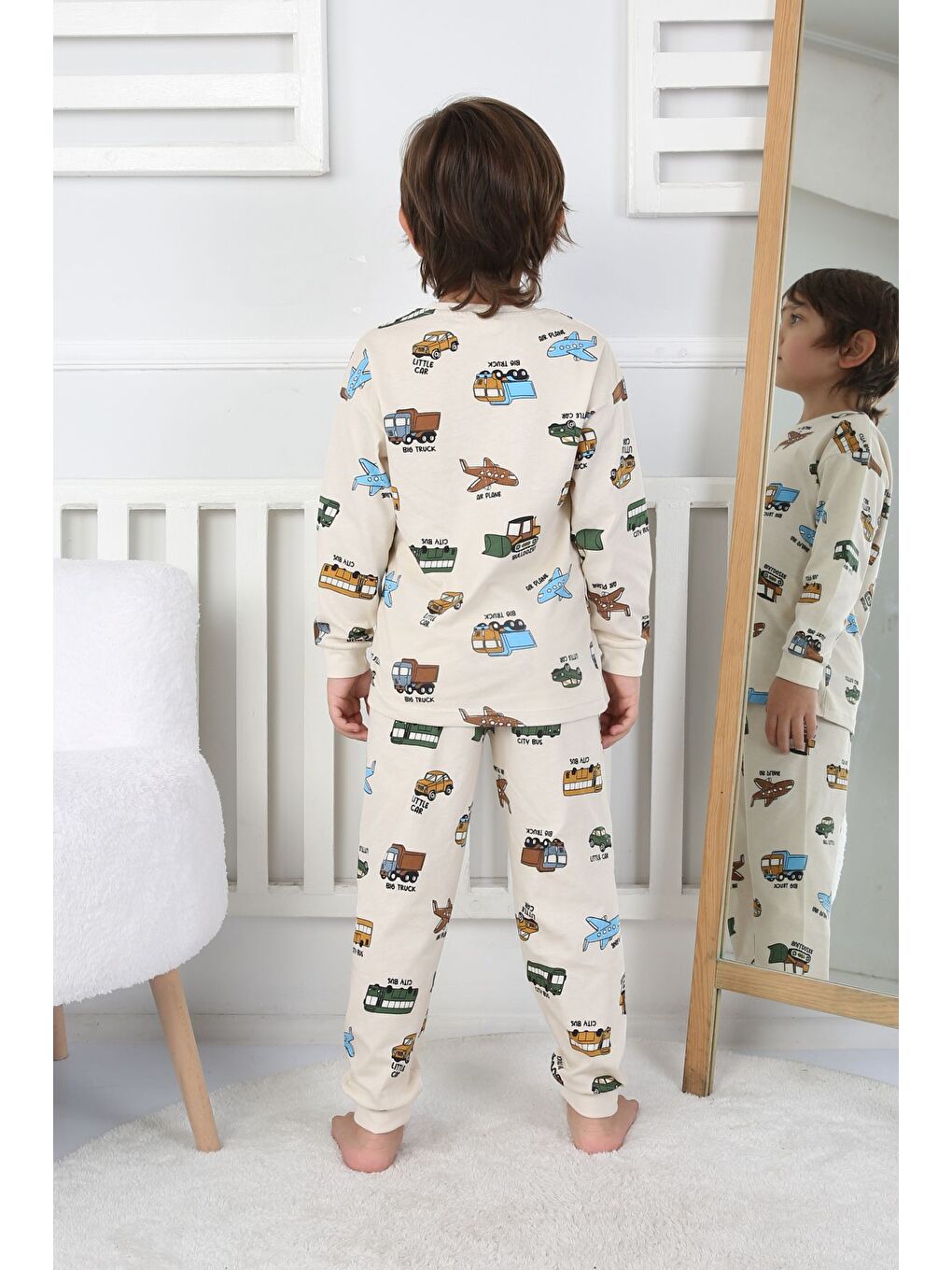 Transportation Veichle Desenli Çocuk Pijama Takımı (Alt-Üst) Bej 3-8 Yaş-3