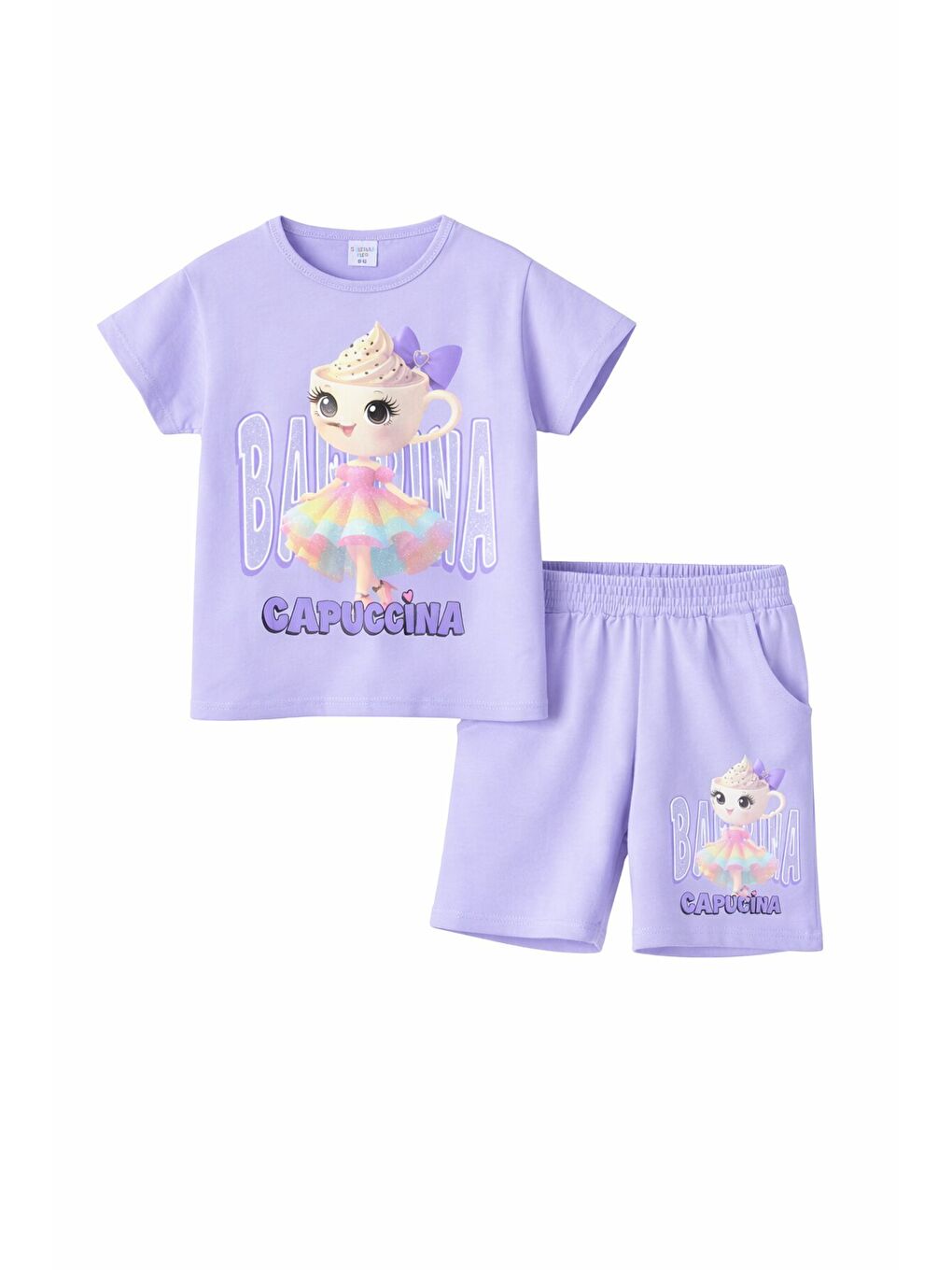 Lila Sevimli Capuccina Baskılı Kız Çocuk Şortlu 2li Takım 23890-4