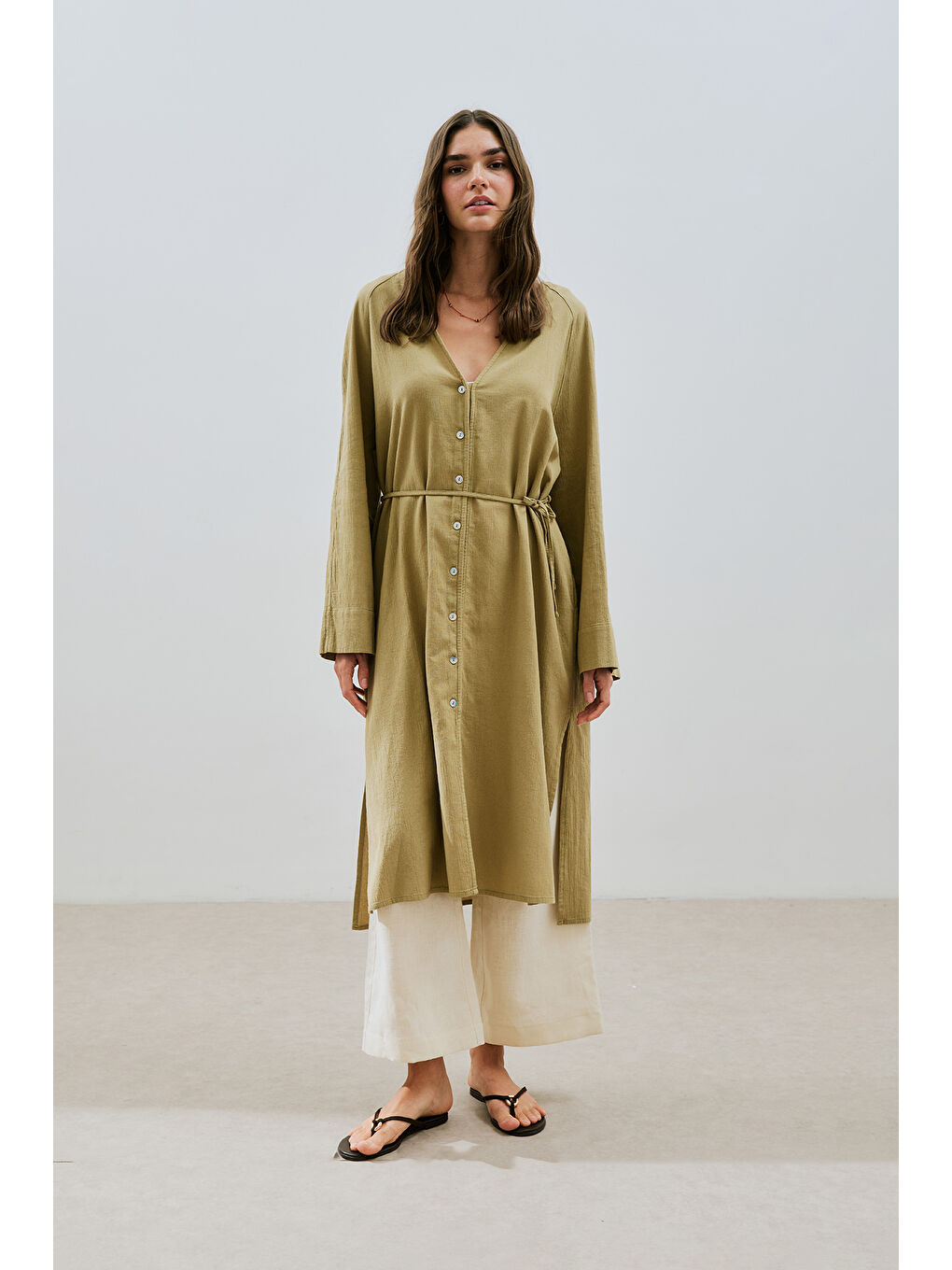 Dokulu Düğmeli Uzun Tunik Haki