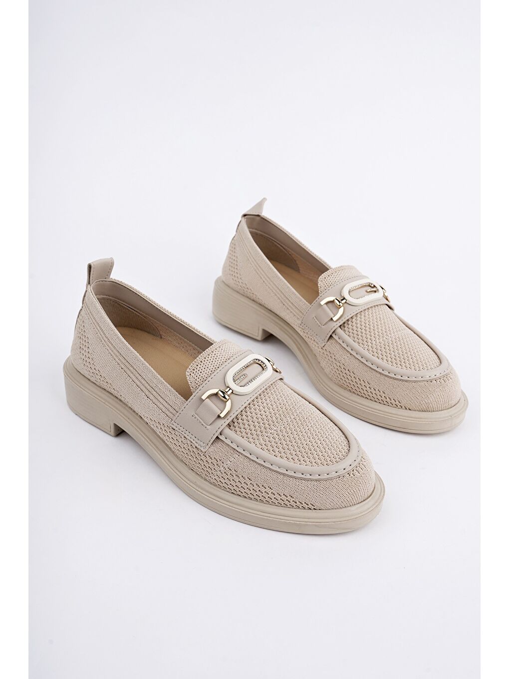 Bej SAKURA Metal Tokalı Triko Kadın Loafer Günlük Makosen Ayakkabı-1