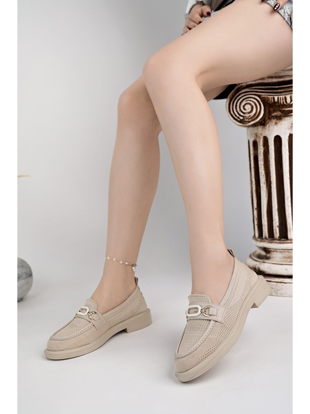 Bej SAKURA Metal Tokalı Triko Kadın Loafer Günlük Makosen Ayakkabı-4