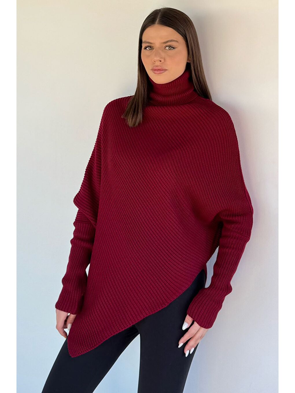 Bordo Kadın Boğazlı Triko Kazak-1