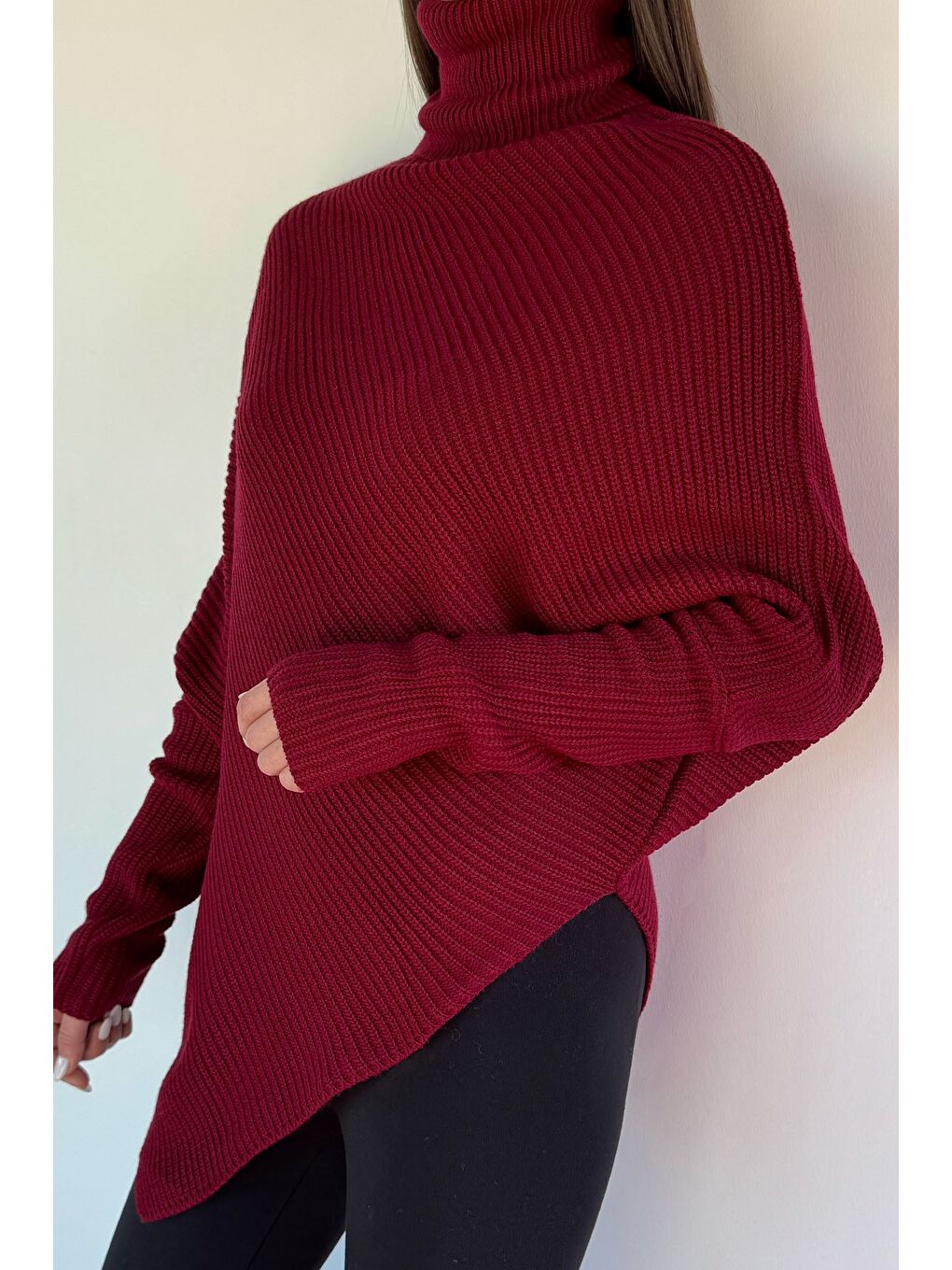 Bordo Kadın Boğazlı Triko Kazak-2