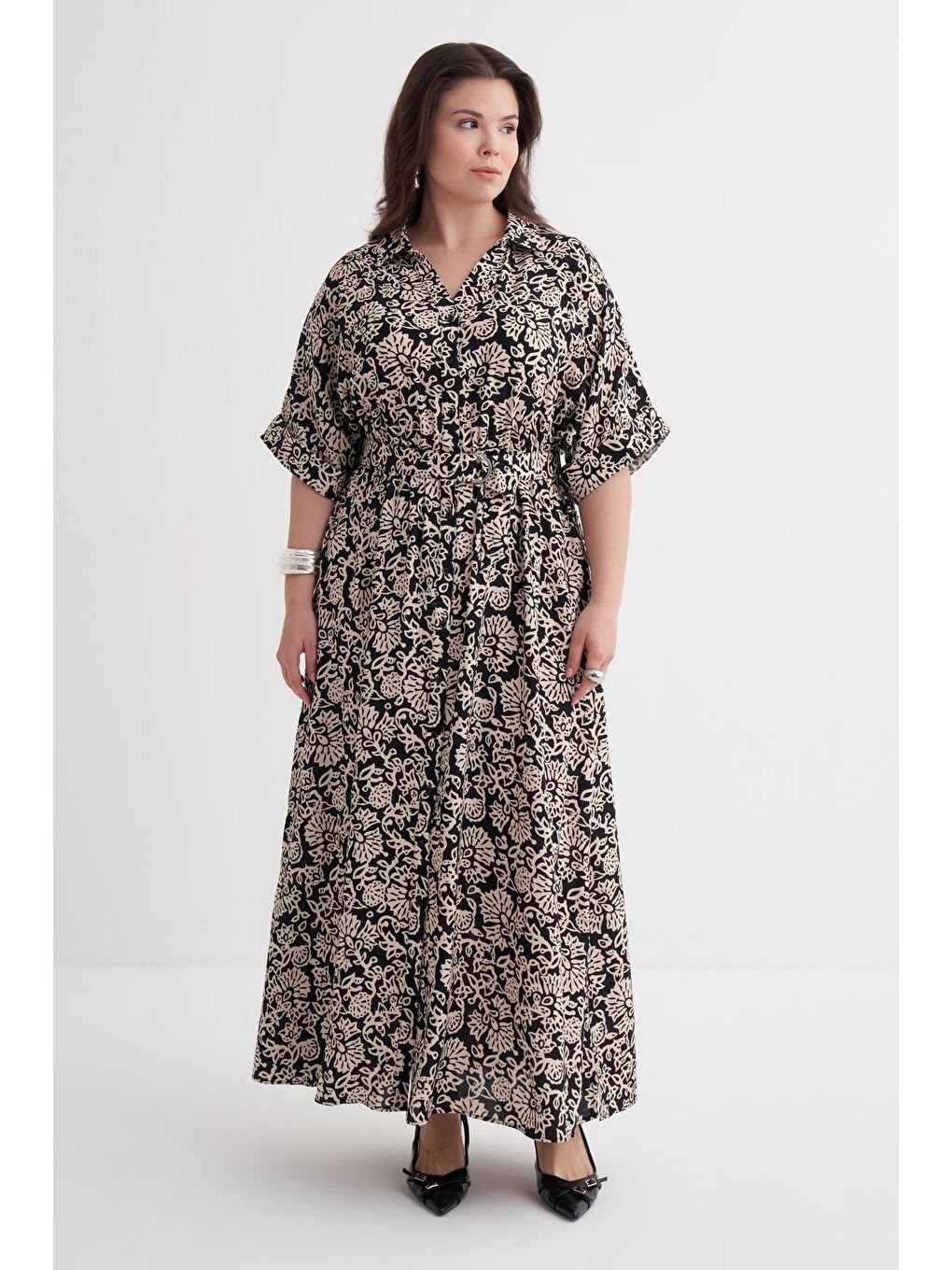 Ekru Beli Lastikli Kemerli Uzun Elbise-1