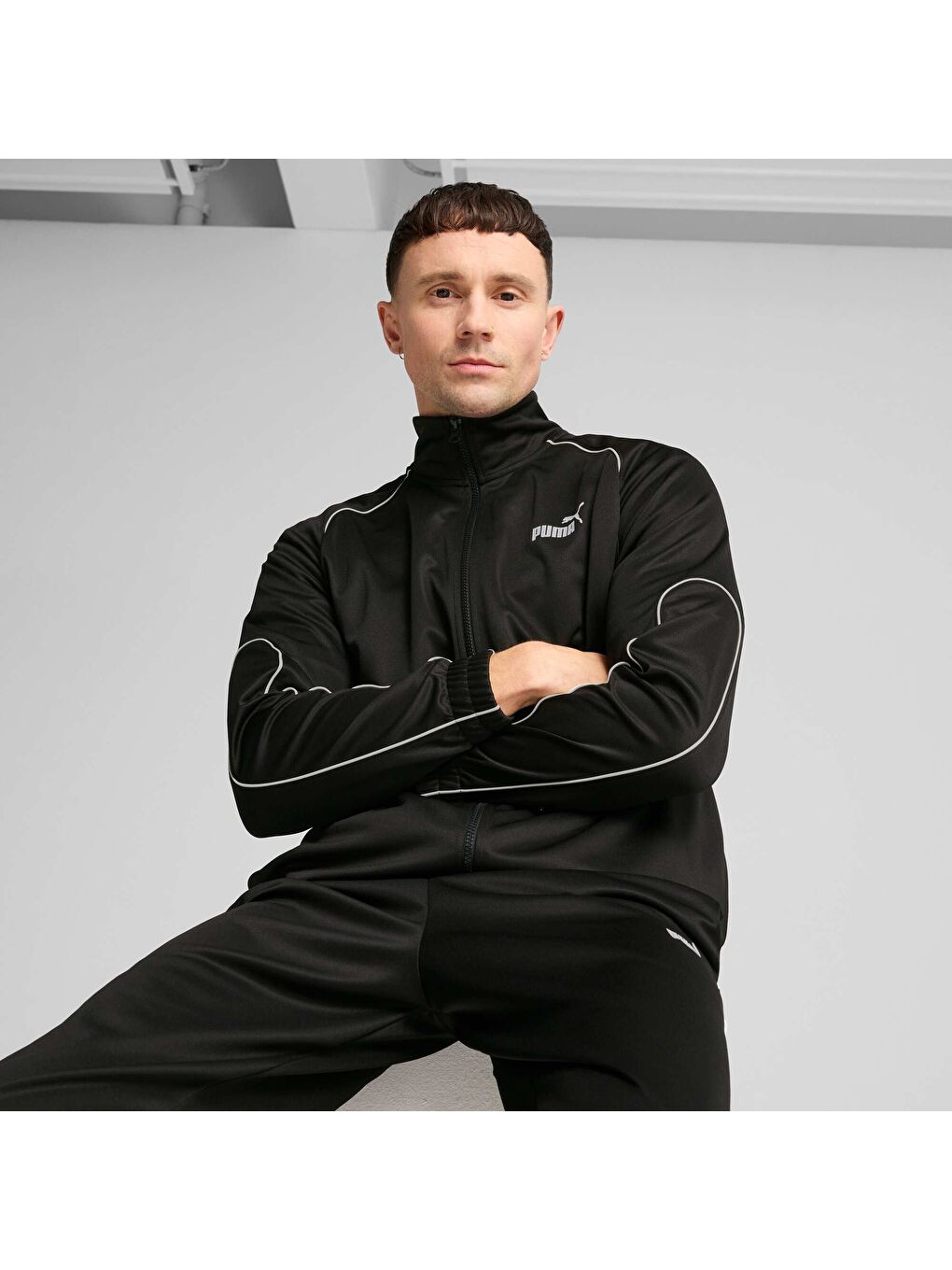Siyah Sport Poly Erkek Track Fermuarlı Sweatshirt-6
