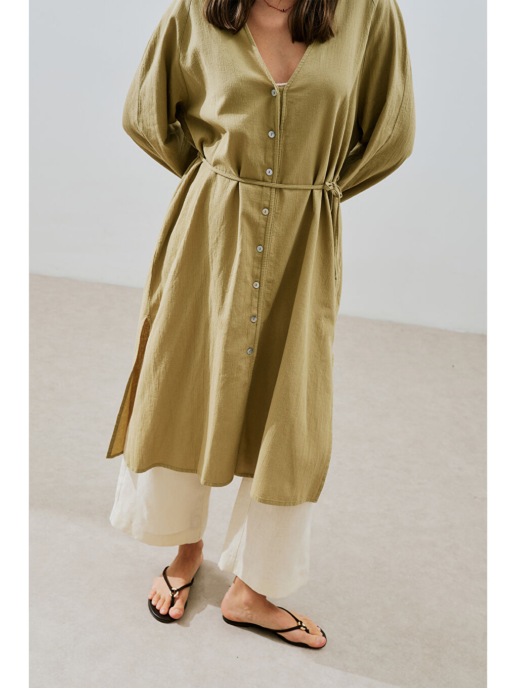 Dokulu Düğmeli Uzun Tunik Haki-2