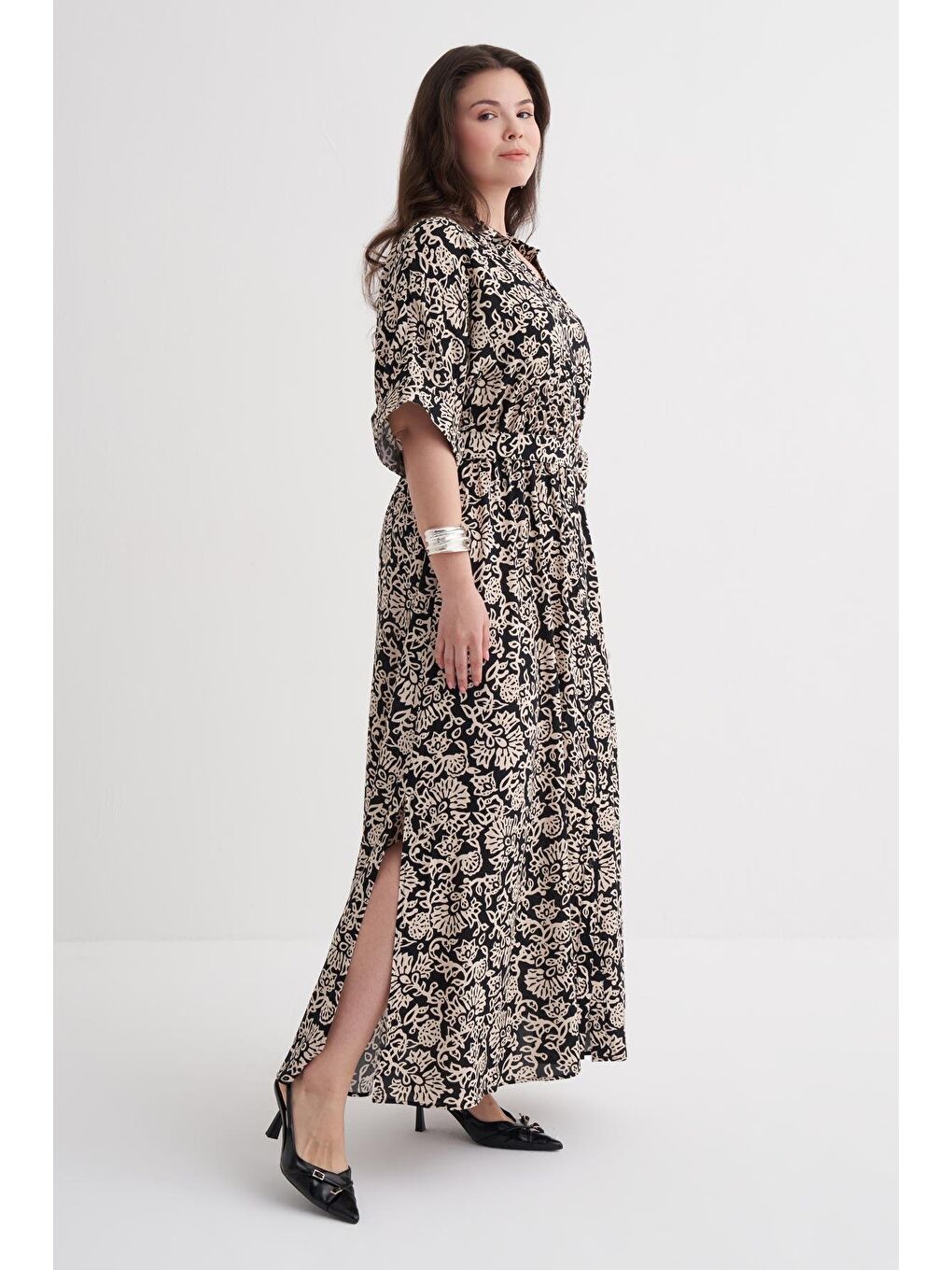 Ekru Beli Lastikli Kemerli Uzun Elbise-3