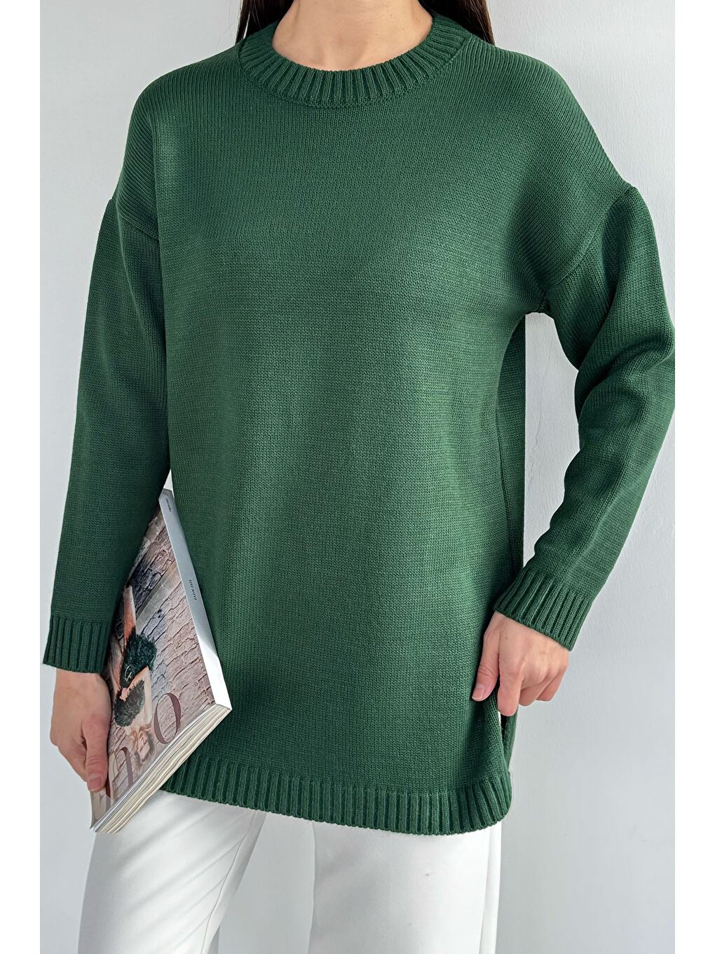 Yeşil Kadın Bisiklet Yaka Yırtmaçlı Triko Tunik-2