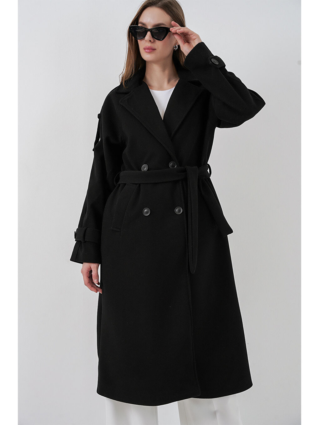 Kadın Kuşaklı Kaşe Kaban 9161 - Siyah