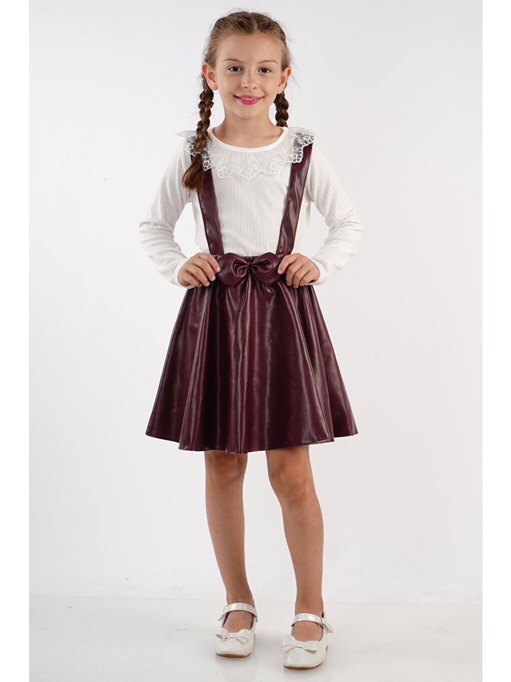 Bordo Deri Etekli Brode Yaka Kız Çocuk Takım MNK2113-1