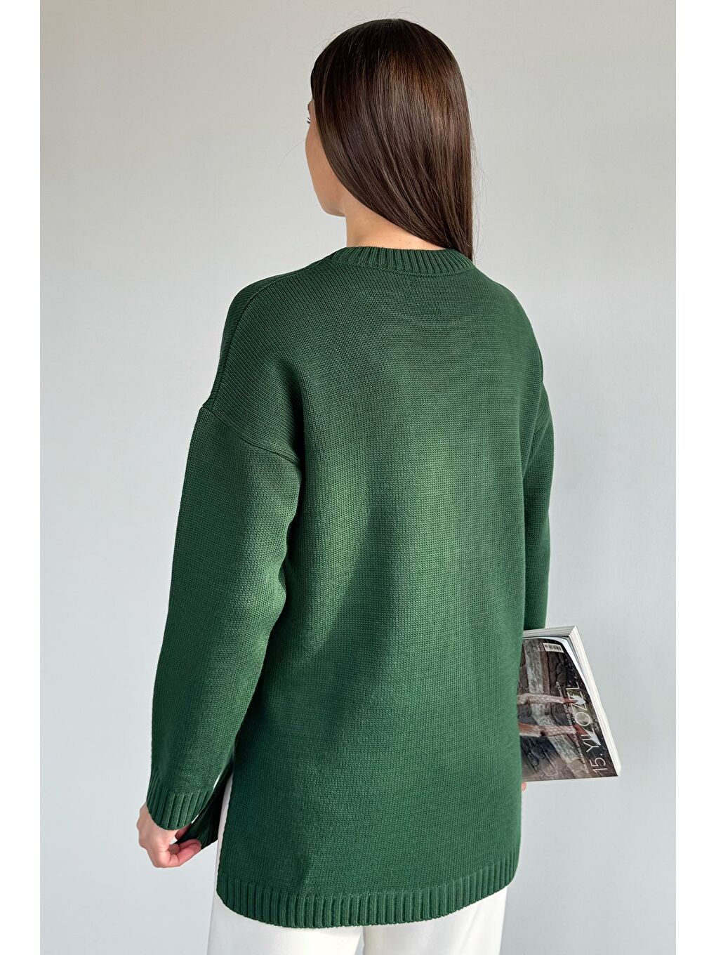 Yeşil Kadın Bisiklet Yaka Yırtmaçlı Triko Tunik-3