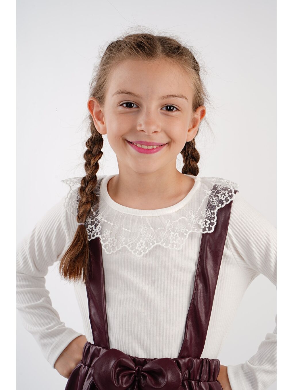 Bordo Deri Etekli Brode Yaka Kız Çocuk Takım MNK2113-2