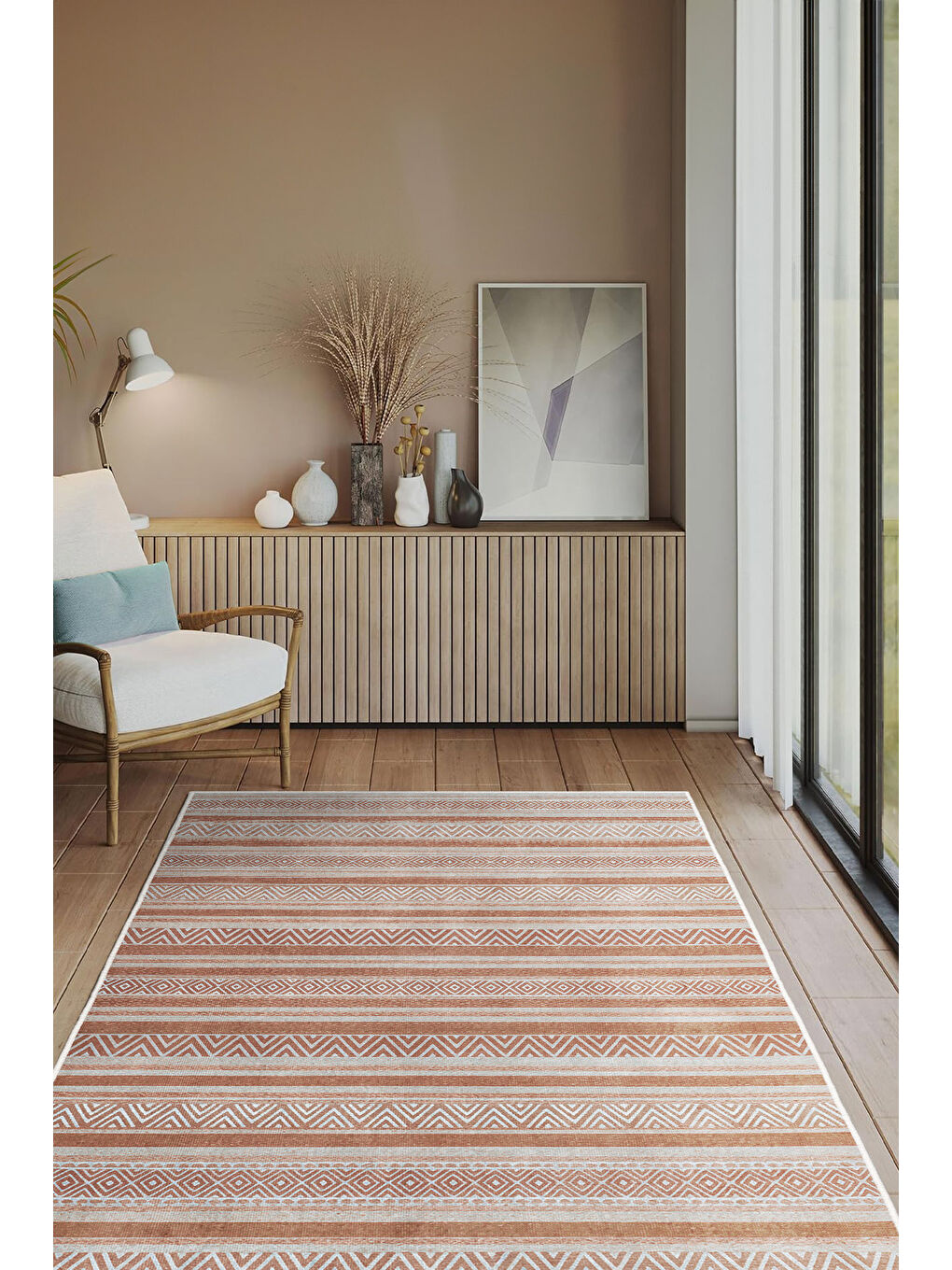 Pembe Dekoratif Özel Tasarım Yıkanabilir İnce Kaymaz Tabanlı Modern Halı KECE FR35-2