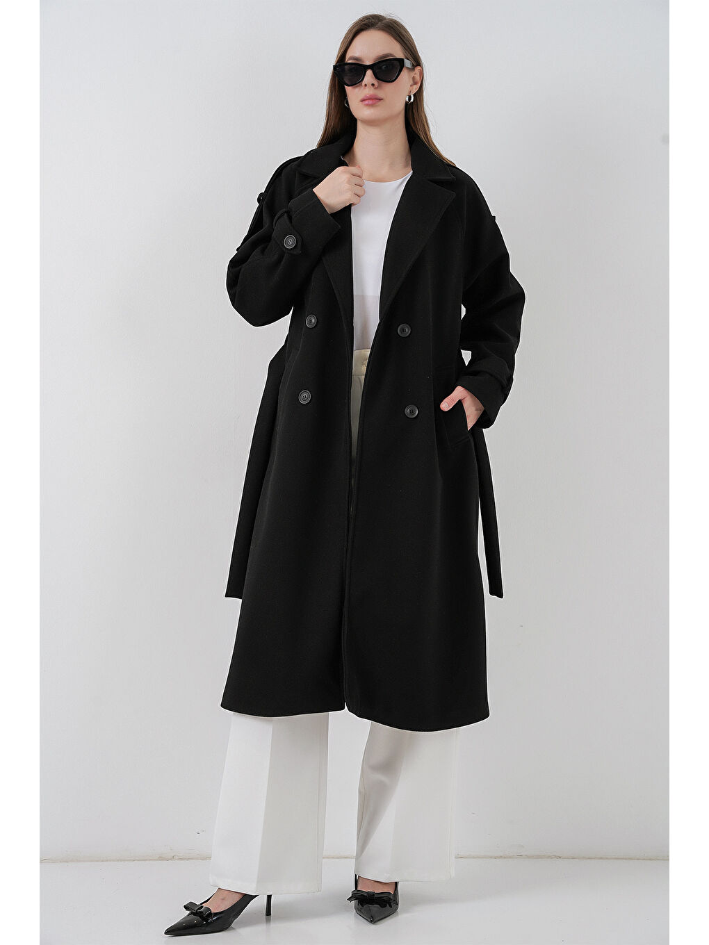 Kadın Kuşaklı Kaşe Kaban 9161 - Siyah-1