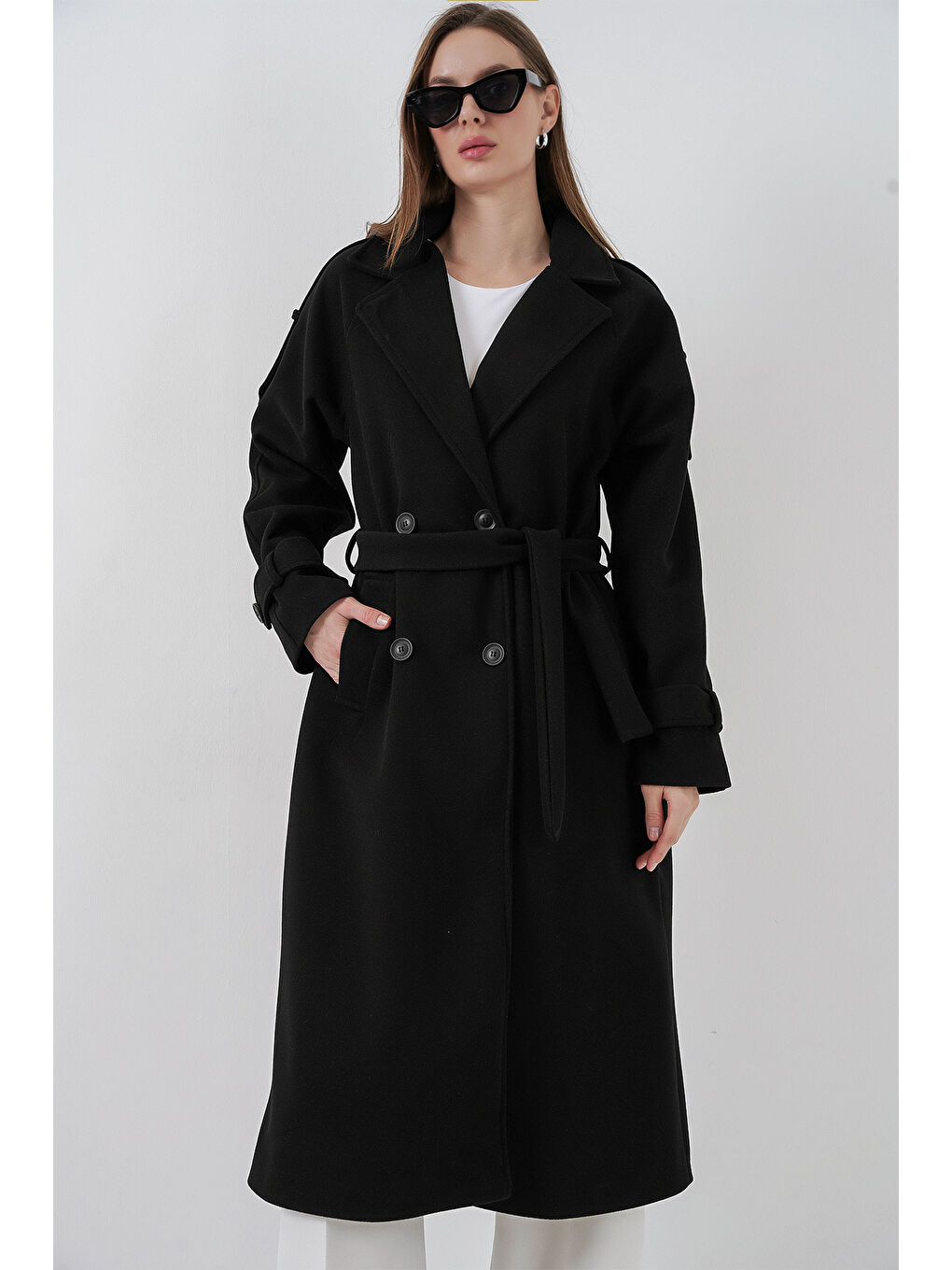 Kadın Kuşaklı Kaşe Kaban 9161 - Siyah-2