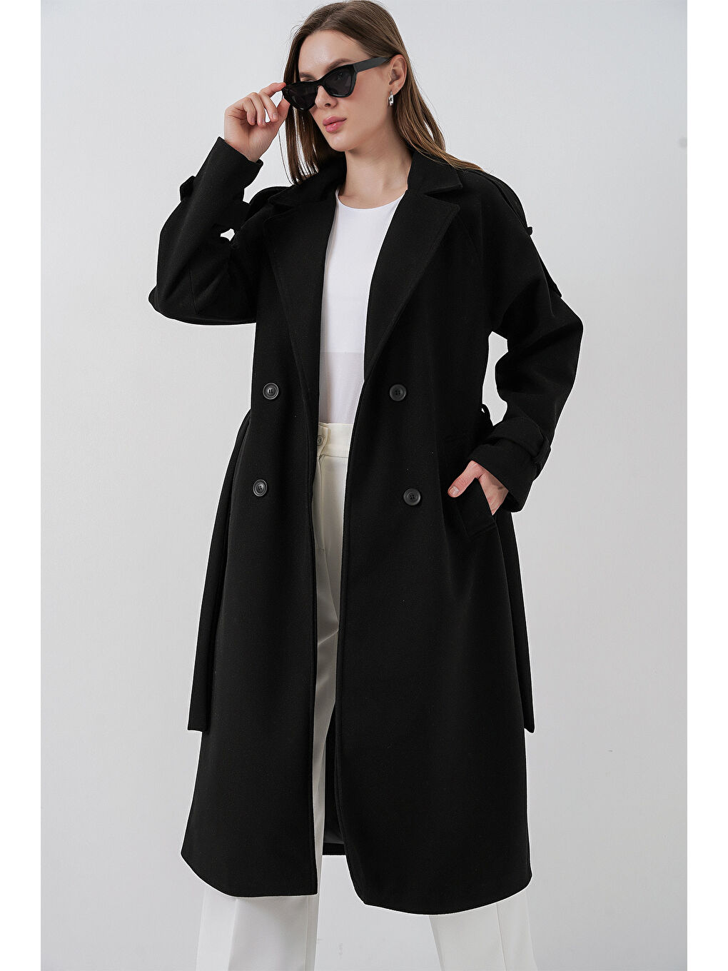 Kadın Kuşaklı Kaşe Kaban 9161 - Siyah-3