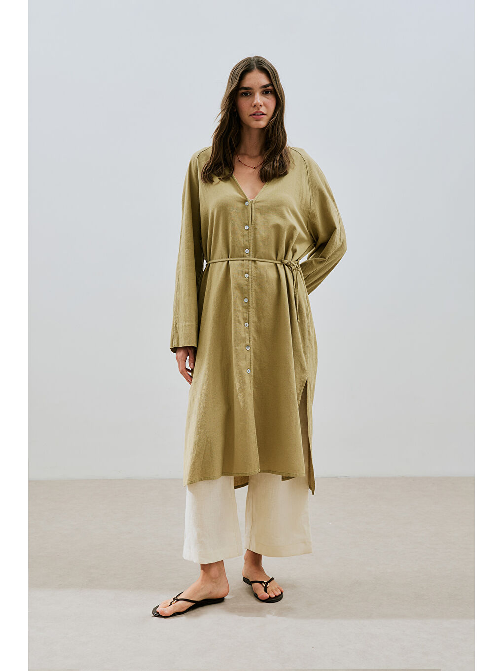 Dokulu Düğmeli Uzun Tunik Haki-4