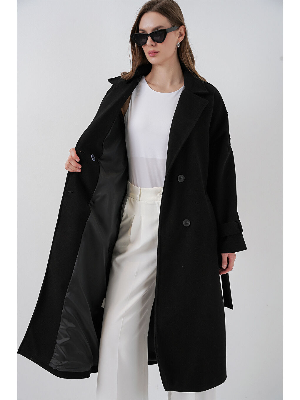 Kadın Kuşaklı Kaşe Kaban 9161 - Siyah-4