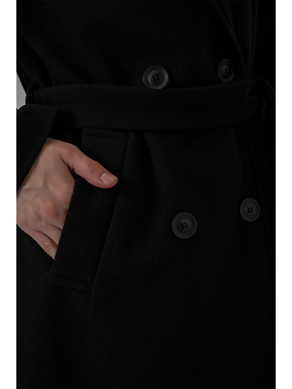 Kadın Kuşaklı Kaşe Kaban 9161 - Siyah-5