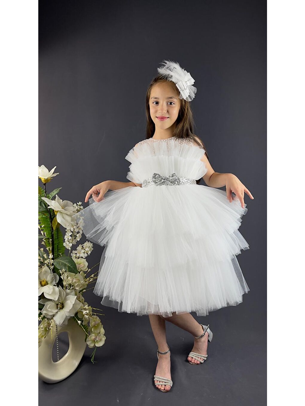 Ekru Katkat Tüllü Buket Model Kız Çocuk Özel Abiye-1