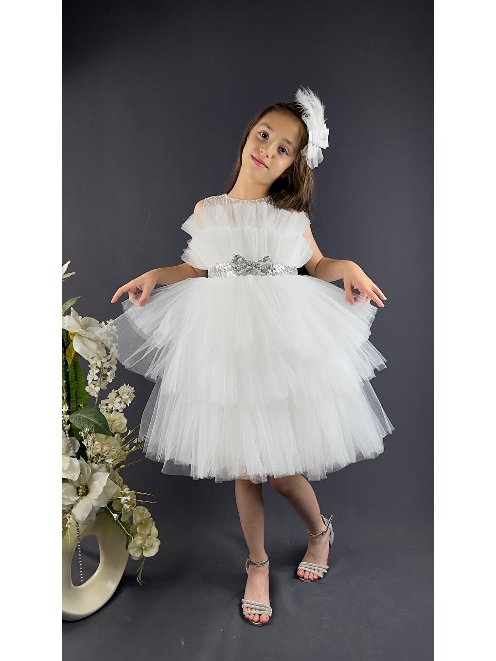 Ekru Katkat Tüllü Buket Model Kız Çocuk Özel Abiye-2
